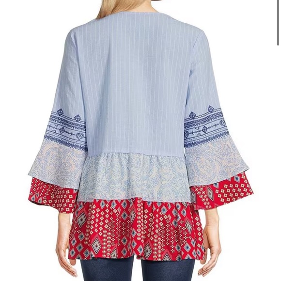 Calessa Patchwork Embroidered Split Round Neck 3/4 Tiered Ruffle Sleeve Tunic - Picture 2 of 11